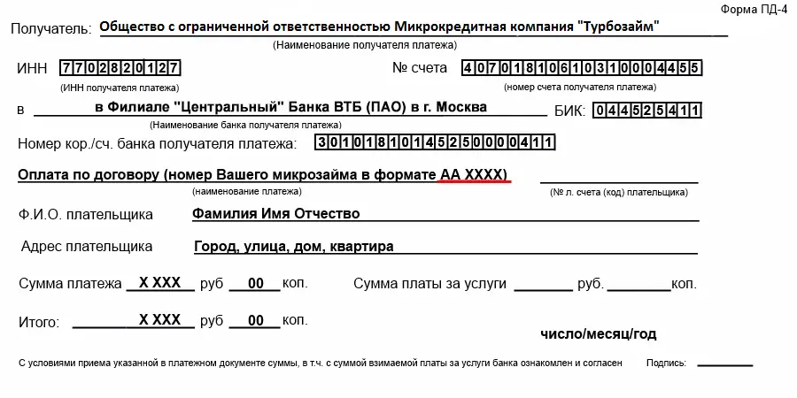 Пример правильно заполненного платежа для оплаты долга в Турбозайм